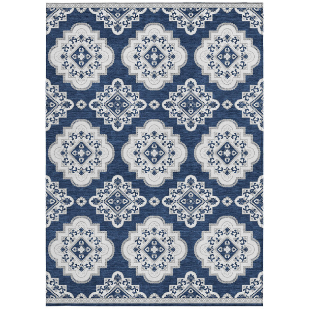 3' X 5' Navy Blue And Ivory Medallion Washable Indoor Outdoor Area Rug