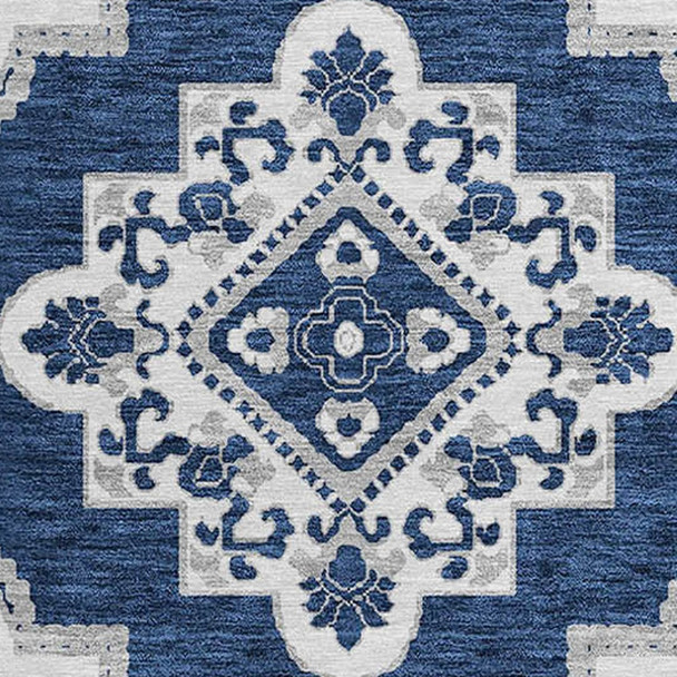 8' Navy Blue And Ivory Round Medallion Washable Indoor Outdoor Area Rug