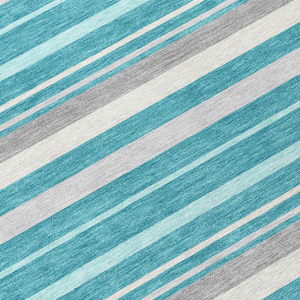 5' X 8' Teal Blue Gray And Ivory Striped Washable Indoor Outdoor Area Rug