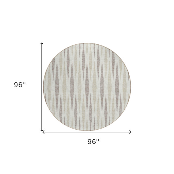 8' Ivory Brown And Beige Round Geometric Washable Indoor Outdoor Area Rug