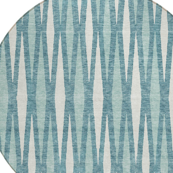 8' Teal Blue And Ivory Round Geometric Washable Indoor Outdoor Area Rug