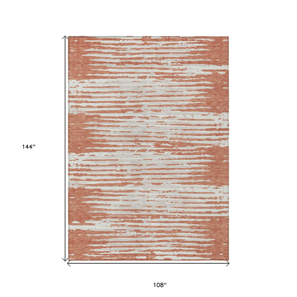 9' X 12' Coral And Ivory Striped Washable Indoor Outdoor Area Rug