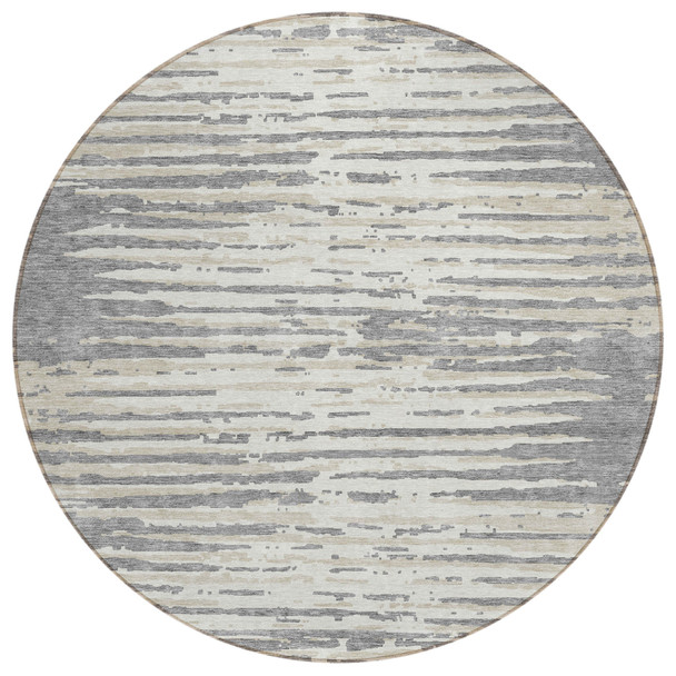 8' Gray And Ivory Round Striped Washable Indoor Outdoor Area Rug