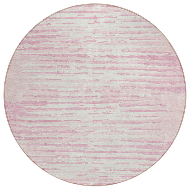 8' Pink And Gray Round Striped Washable Indoor Outdoor Area Rug