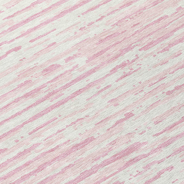 9' X 12' Pink And Gray Striped Washable Indoor Outdoor Area Rug