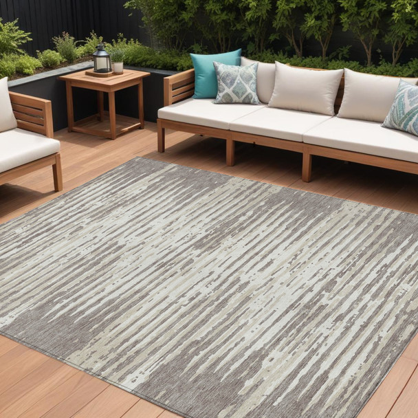 10' X 14' Taupe And Ivory Striped Washable Indoor Outdoor Area Rug