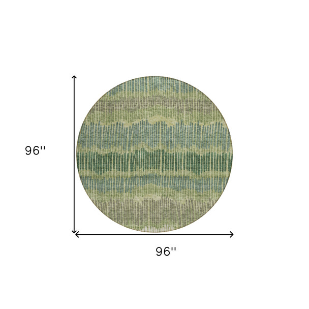 8' Green Gray And Ivory Round Striped Washable Indoor Outdoor Area Rug