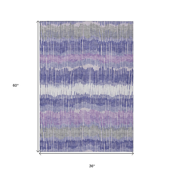 3' X 5' Purple And Gray Striped Washable Indoor Outdoor Area Rug