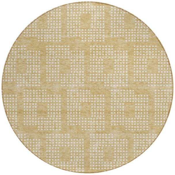 8' Gold And Ivory Round Geometric Washable Indoor Outdoor Area Rug