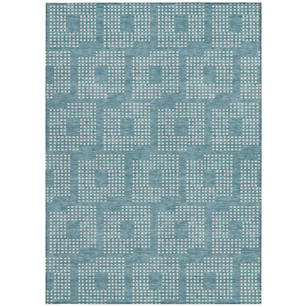 8' X 10' Teal Blue And Ivory Geometric Washable Indoor Outdoor Area Rug