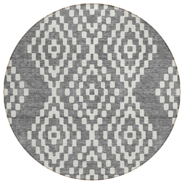 8' Gray And Ivory Round Geometric Washable Indoor Outdoor Area Rug