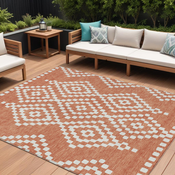 10' X 14' Salmon And Ivory Geometric Washable Indoor Outdoor Area Rug