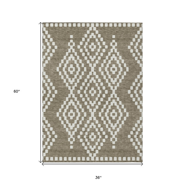 3' X 5' Taupe And Ivory Geometric Washable Indoor Outdoor Area Rug