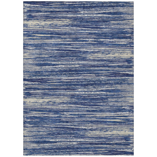 8' X 10' Navy Blue And Ivory Striped Washable Indoor Outdoor Area Rug