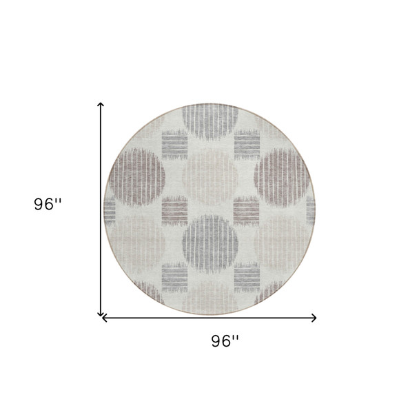8' Ivory Brown And Gray Round Geometric Washable Indoor Outdoor Area Rug