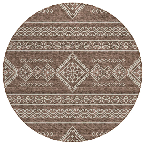 8' Brown And Ivory Round Southwestern Washable Indoor Outdoor Area Rug