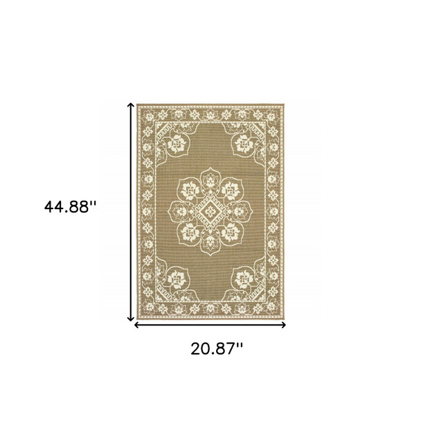 2' X 4' Tan Oriental Stain Resistant Indoor Outdoor Area Rug