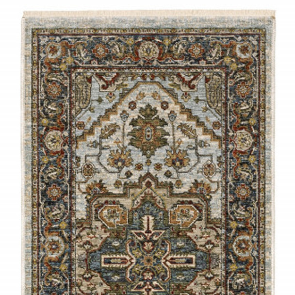 2' X 8' Ivory Beige Blue Orange Gold Green Grey And Rust Oriental Power Loom Stain Resistant Runner Rug With Fringe