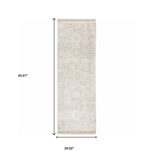 8' Beige And Gray Oriental Hand Loomed Runner Rug With Fringe