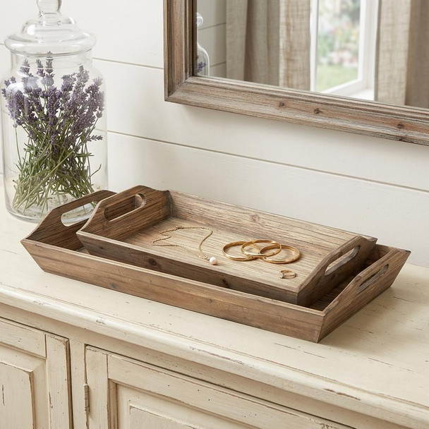 Set Of 2 Natural Brown Wood With Grains And Knots Highlight Trays