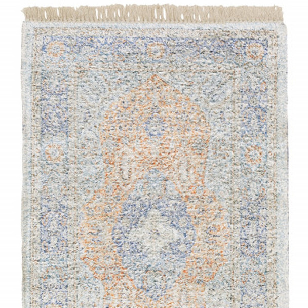 8' Blue And Red Oriental Hand Loomed Distressed Runner Rug With Fringe
