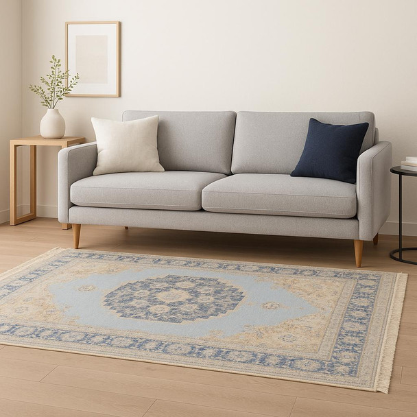 10' X 13' Blue And Beige Oriental Hand Loomed Stain Resistant Area Rug With Fringe