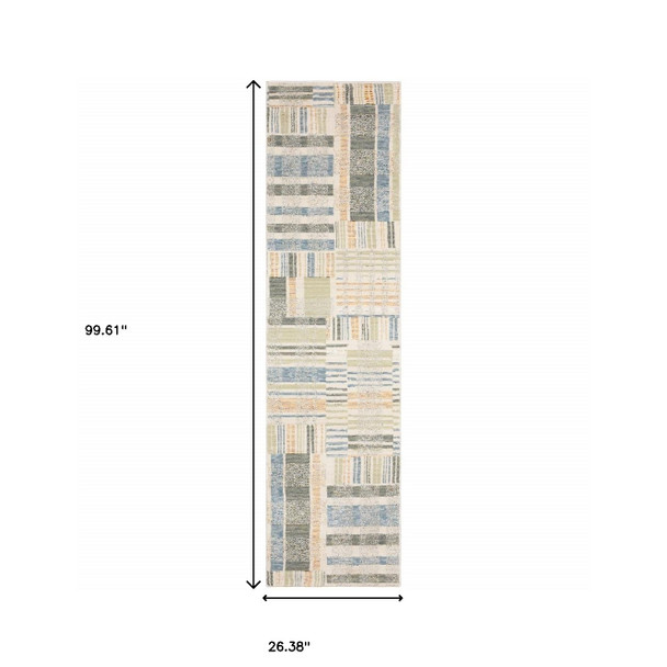 8' Blue And Green Geometric Runner Rug