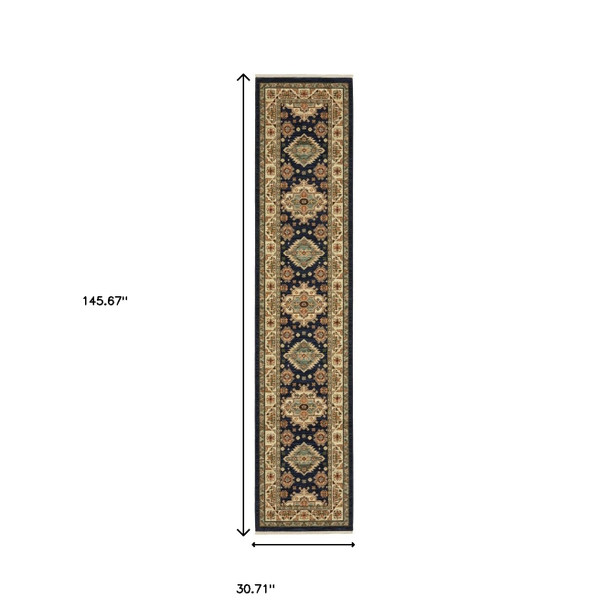 12' Blue and Orange Oriental Power Loom Runner Rug