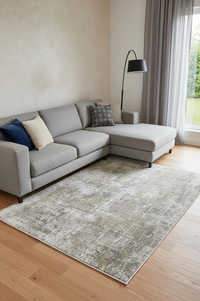 12' X 18' Green Gray And Ivory Abstract Power Loom Distressed Area Rug