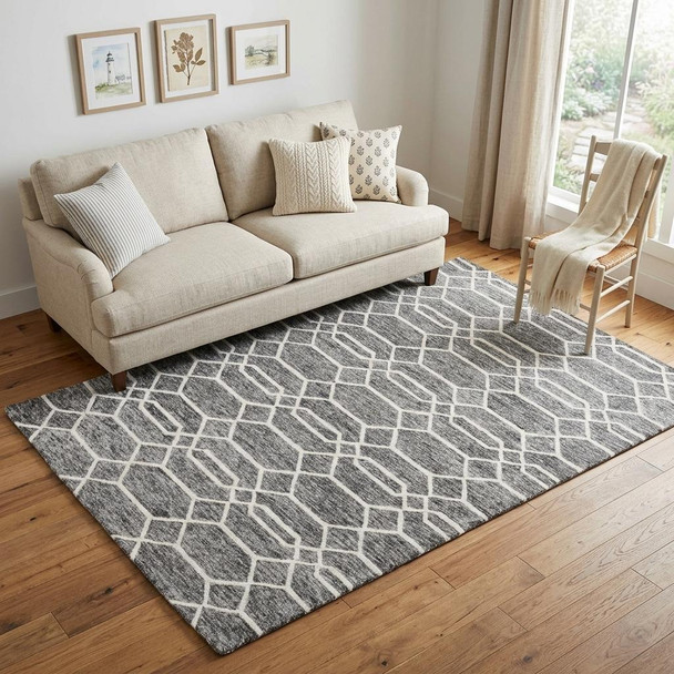 5' X 8' Gray Black And Ivory Wool Geometric Hand Tufted Area Rug