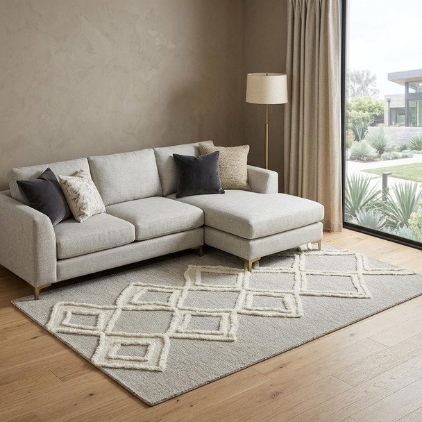 9' X 12' Gray And Ivory Wool Geometric Tufted Handmade Stain Resistant Area Rug