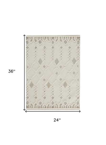 2' X 3' Ivory Tan And Silver Wool Geometric Tufted Handmade Stain Resistant Area Rug
