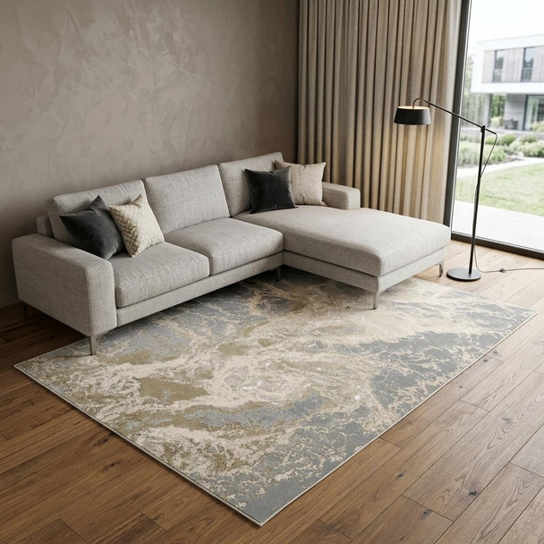 12' X 15' Ivory Silver And Gold Abstract Stain Resistant Area Rug