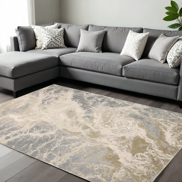 12' X 18' Ivory Tan And Gray Abstract Area Rug