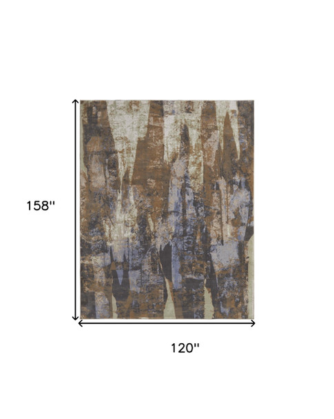 10' X 13' Brown Blue And Ivory Abstract Distressed Area Rug