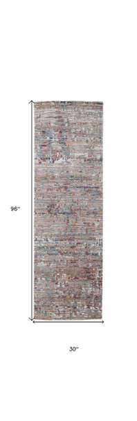 8' Red And Blue Wool Abstract Hand Knotted Runner Rug