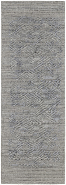 8' Gray and Blue Abstract Hand Woven Runner Rug