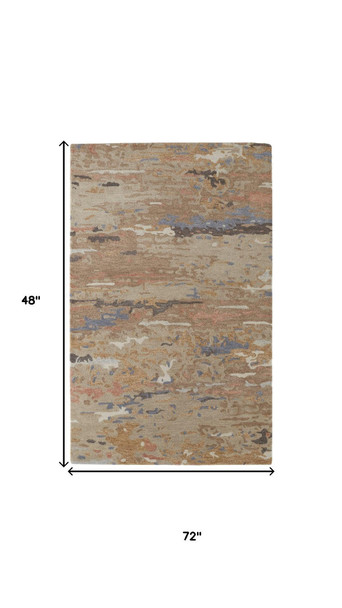 4' X 6' Tan And Blue Wool Abstract Tufted Handmade Stain Resistant Area Rug