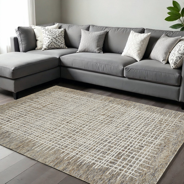 9' X 12' Tan And Ivory Wool Crosshatch Hand Tufted Area Rug