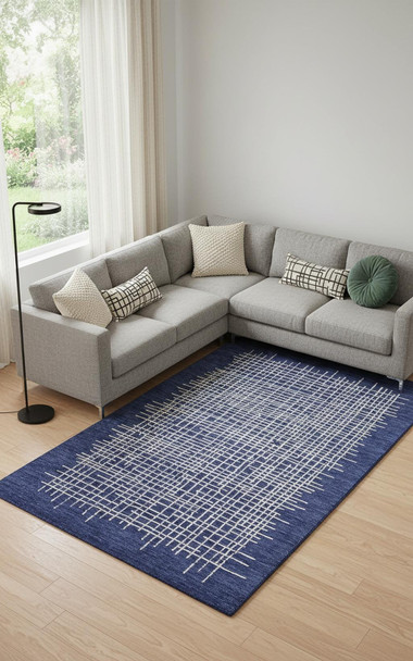 10' X 14' Blue And Ivory Wool Plaid Tufted Handmade Stain Resistant Area Rug