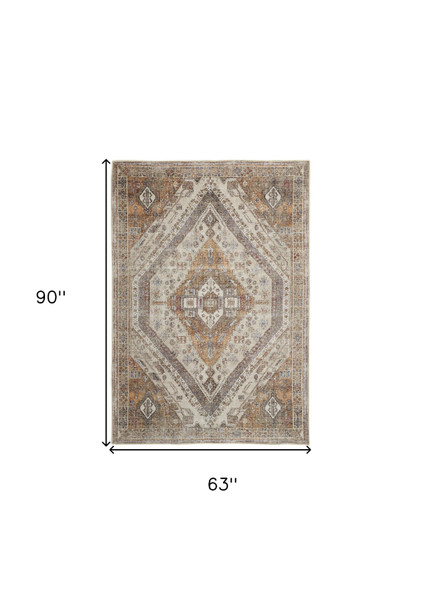 5' X 8' Brown Ivory And Orange Medallion Distressed Washable Area Rug