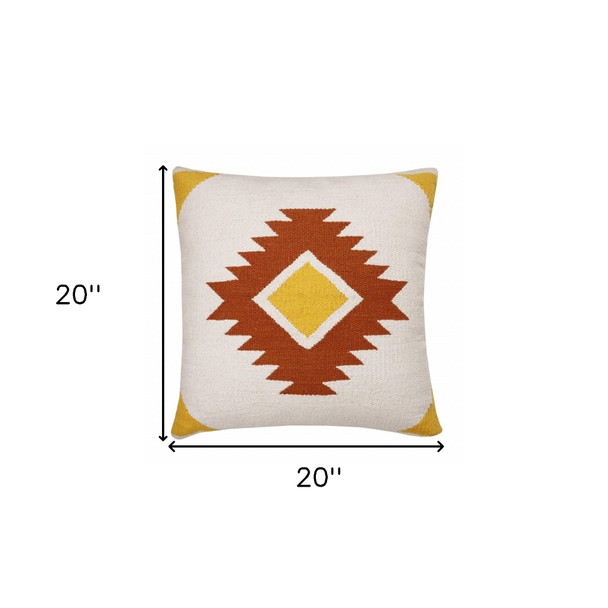 20" X 20" White Yellow And Red Orange 100% Cotton Geometric Zippered Pillow