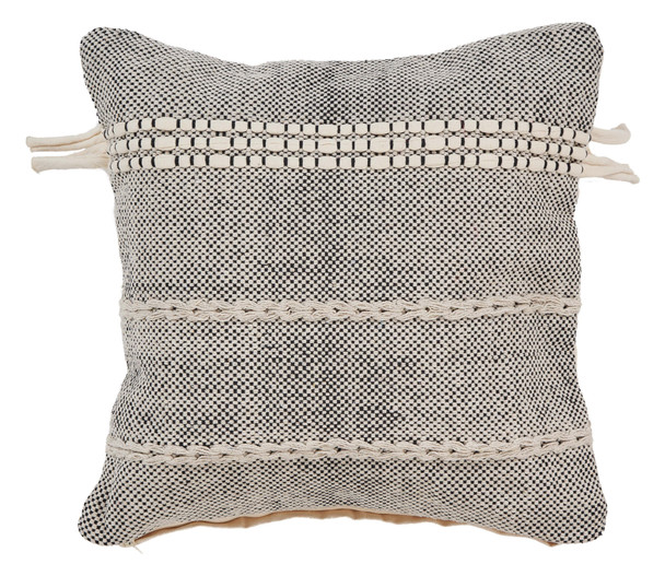 20" Black And Natural Striped Cotton Throw Pillow with Tassels