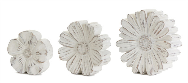 Set of Three Distressed White Carved Flowers Tabletop Sculpture