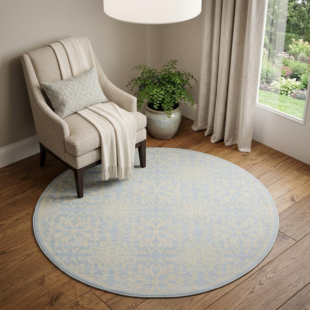 5' Light Blue Round Floral Power Loom Area Rug