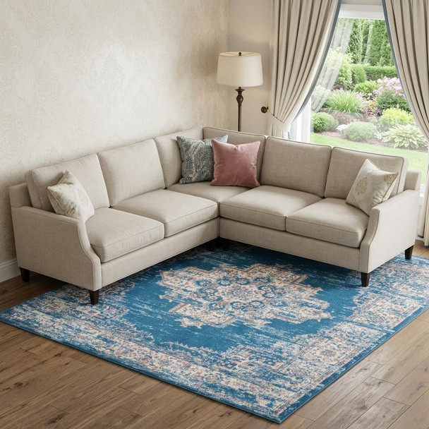 8' X 10' Blue Damask Power Loom Area Rug
