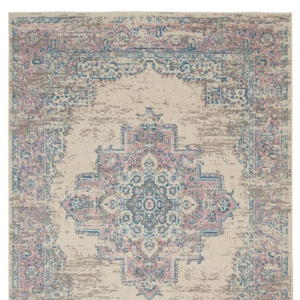 6' X 9' Ivory Pink And Blue Medallion Area Rug