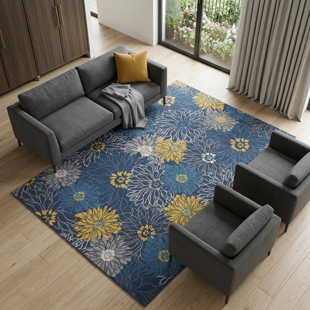 9' X 12' Navy Blue Floral Power Loom Area Rug