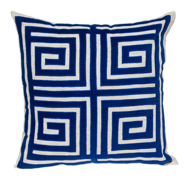 22" Beige and Blue Poly Cotton Blend Throw Pillow with Embroidery and applique