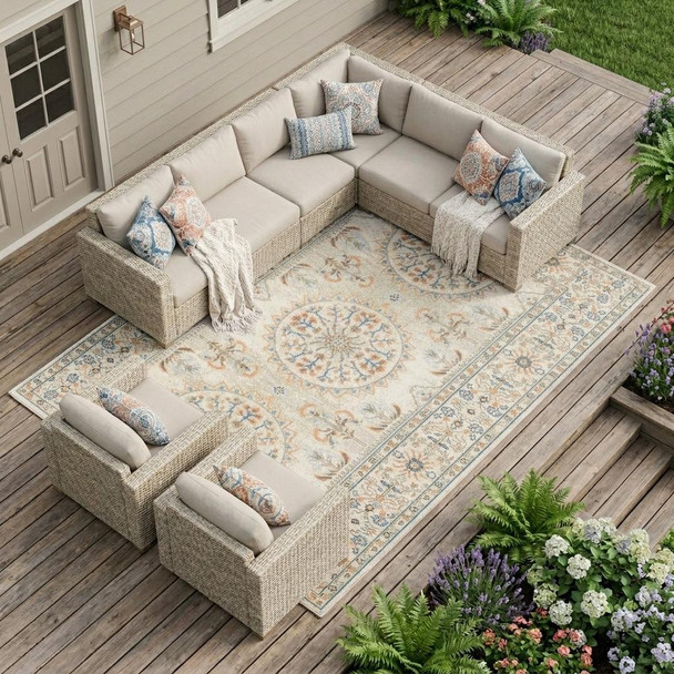 9' X 12' Blue and Orange Medallion Stain Resistant Indoor Outdoor Area Rug